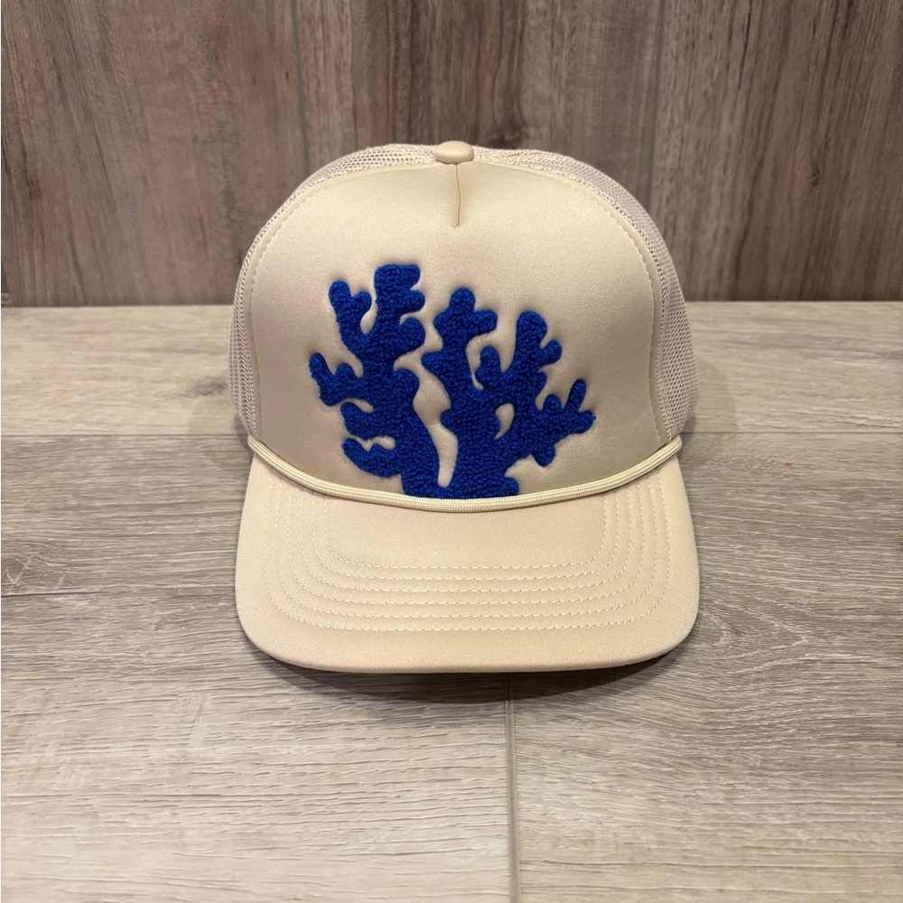 Little Bird Trucking Beige Trucker Hat with Blue Coral Design